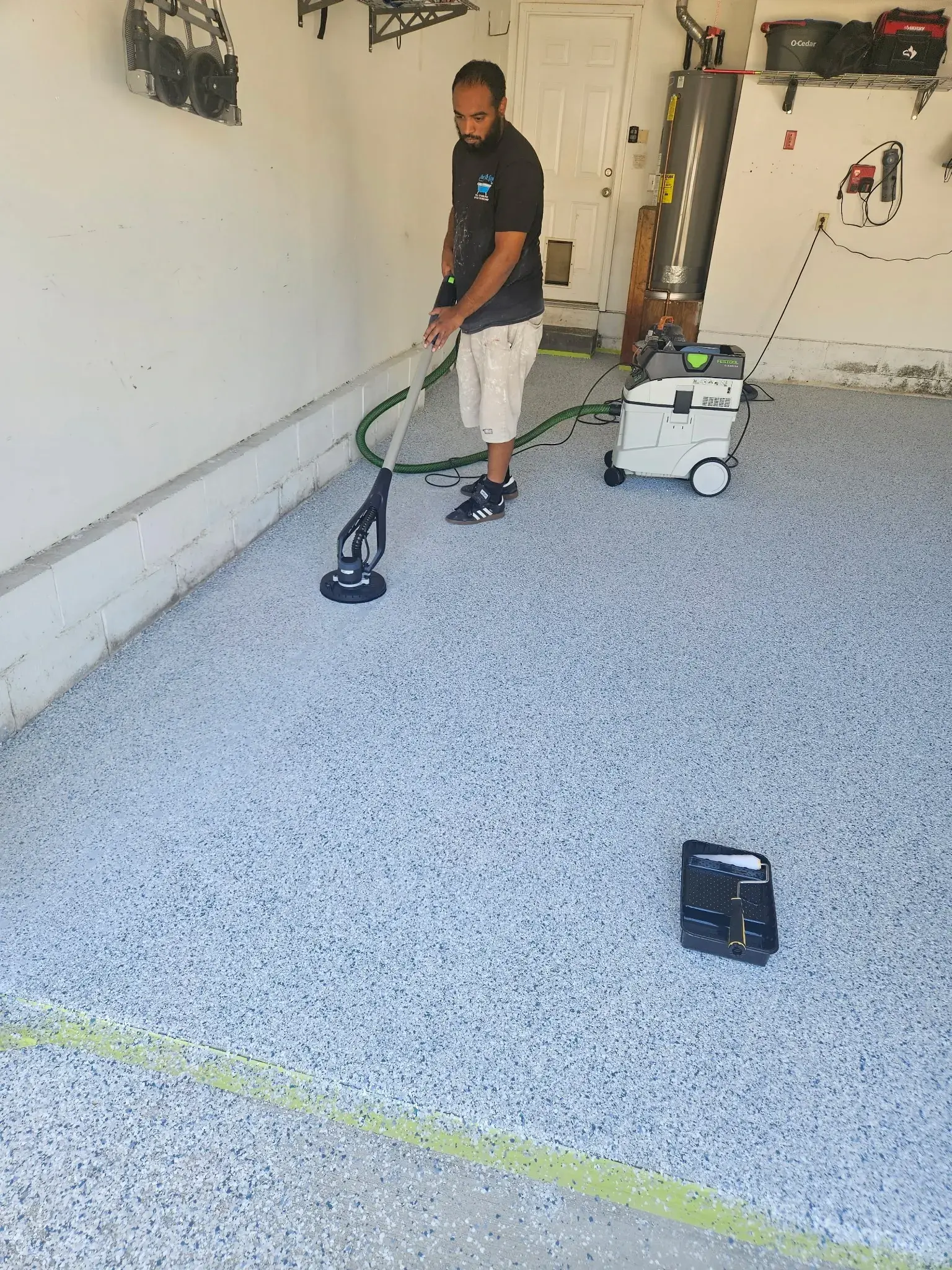 Close-up of full-flake polyaspartic floor finish